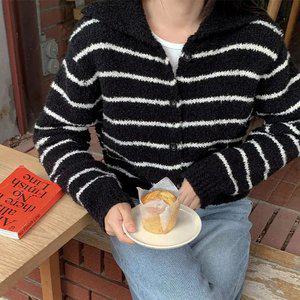 비튼 부클 카라 울 니트 가디건 겨울 여성 데일리룩 겨울가디건