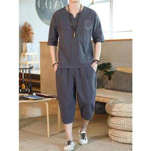 남성 개량 한복 셋 마 배기 바지 반소매 자수 린넨