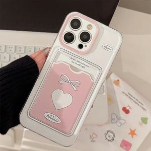 최신 귀여운 아이폰 케이스 핑크 리본 하트 카드수납 TPU / 핸드폰 11 12 13 14 15 16