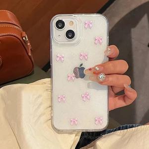 최신 귀여운 아이폰 케이스 투명 핑크 리본 패턴 레진 / 핸드폰케이스 16 15 14 13 12