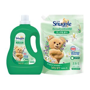 스너글 섬유유연제 그린 스파클 플러스 용기, 2L, 1개 + 리필, 2.6L, 1개