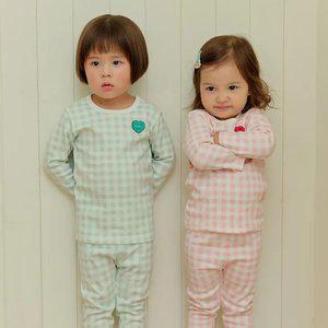 [키키스토리] 하트와펜 체크(핑크/그린) 코튼스판 긴팔 실내복