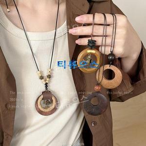 복고풍 나무 목걸이 라운드 원형 빈티지 비즈 심플 에스닉 패션 왁스끈 롱 긴 티류으스