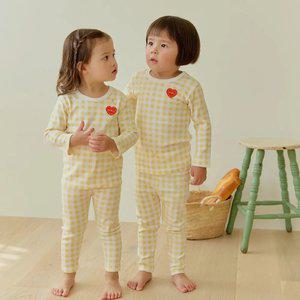 [키키스토리] 하트와펜 체크(옐로우) 코튼스판 긴팔 실내복