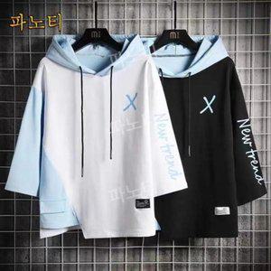 신제품마켓 여름 접촉 냉감 남자 빅사이즈 후드 7부 맨투맨 트렌드 루즈핏 반팔 티셔