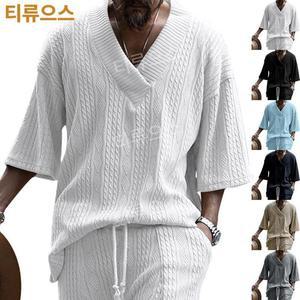 여름 캐주얼 반바지 세트 니트 남성 V넥 오버사이즈 트레이닝 상하의 반팔 티셔츠 티류