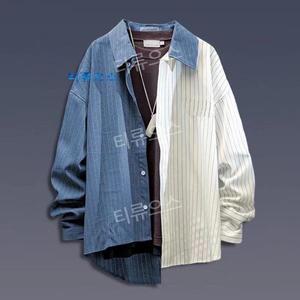 남방 반반셔츠 트렌드 비대칭 긴팔소매 스트라이프셔츠 남성 티류으스