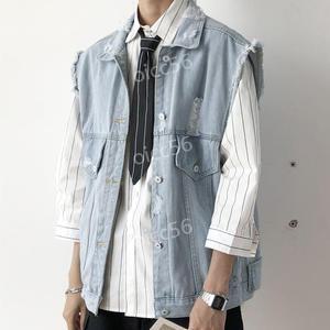 남성 데님조끼 베스트 망홍일계데님조끼남여름한방민소매배색멋쟁이파공조끼
