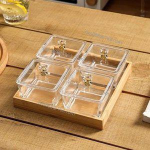 매수우대 유리 나눔접시 그리드 우드트레이 나눔 플래터 뚜껑포함 4구