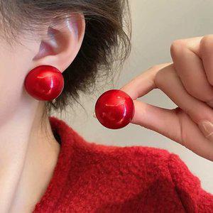 레드 심플 대형 이어링 여성용 포인트 악세사리 가을 겨울 은침 진주귀걸이