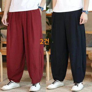 포켓 빅사이즈 통풍 9부 데일리 와이드 남자 코튼 팬츠 밴딩 캐주얼 스님 배기