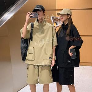 박시 아노락 반집업 반팔티 + 반바지 트레이닝 커플 남여공용 상하의 세트 티류으스