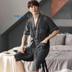 남자 하프잠옷 가운 오버사이즈 여름가운 면 반팔 미디엄가운 남성 로브 세트 티류으스