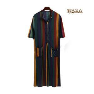 남자 원피스 잠옷 셔츠 버튼 스트라이프 로브 가운 티류으스