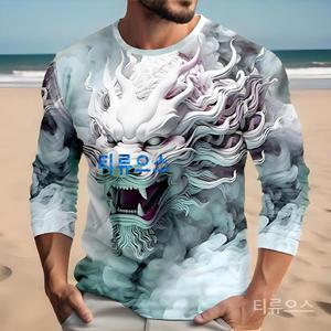 티류으스 호랑이프린팅티 맹수반팔티 야생동물그래픽티 늑대 프린트 남성용 긴팔 티셔