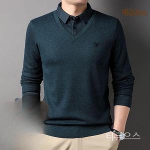 티류으스 남성 페이크 레이어링 셔츠 기모 셔츠카라 니트 빅사이즈 캐주얼 니트 셔츠긴