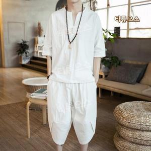 티류으스 남성 여름 면마 세트 반팔 티셔츠 밴딩 와이드 7부 조거팬츠 투피스 쿨링상하