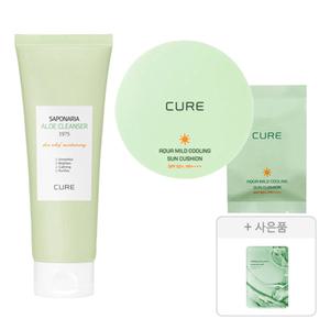 김정문알로에 큐어 아쿠아 마일드 쿨링 선쿠션+리필 세트, 1개 + 알로에 클렌져 150g,