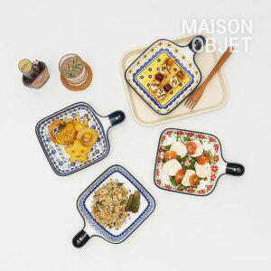 프라카 폴란드풍 도자기 사각 핸들 앞접시 2P 세트