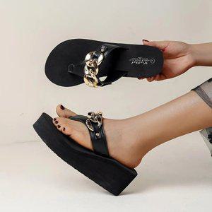 여성용 단색 플립플랍 슬립온 부드러운 밑창 금속 체인 슬라이드 편안한 웨지 비치 신