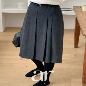 울함유 (울50/온도까지예쁜핏/하객룩전문) 세렌토 울 헤링본 플리츠 미디 롱 스커트 s