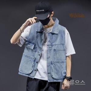 카고 데님 베스트 남성 청자켓 박시핏 민소매 청조끼 봄 여름 코트 빅사이즈 티류으스
