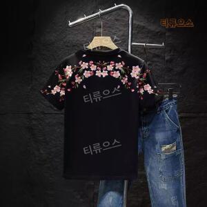 티류으스 자수 오버핏 헬창 사무실 화려한 남성 반팔티 스트리트 패션 스쉬 건달 힙합