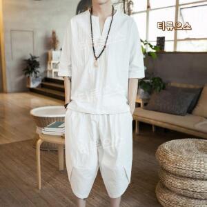 티류으스 남성 여름 면마 세트 반팔 티셔츠 밴딩 와이드 7부 조거팬츠 투피스 쿨링상하