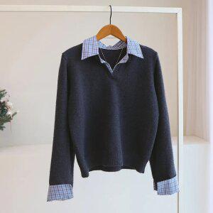 [잇수다] 키라드 체크 카라 셔츠 레이어드 브이넥 니트