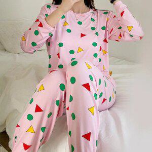 제니유 편한 스판 긴팔 여성 커플 잠옷 세트 홈웨어