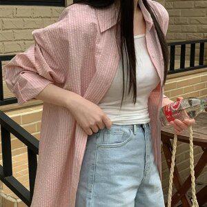 체일 시어서커 스트라이프 셔츠 여름 여성 데일리룩 데이트룩