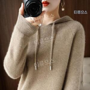 여성 울 후드티 캐시미어 스웨터 후드풀오버 루즈핏 양모 니트 티류으스