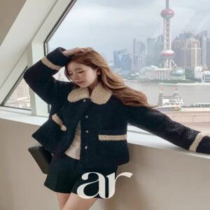 (MADE/누빔안감) 진주 버튼 배색 뽀글이 퍼 숏자켓 겨울아우터 겨울자켓 데이트룩 나들