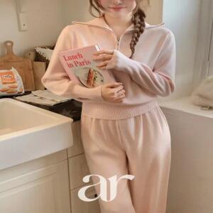 (포근보들/투피스세트/활용도굿) 알렌 반집업 하이넥 니트 올밴딩 팬츠 세트 st3007