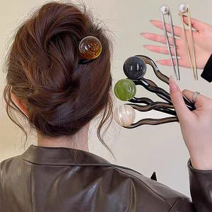 심플 왕구슬 진주 u자 비녀 머리 핀 집게 한복 뒤꽂이 고정핀 올림머리 똥머리 예쁜 헤어 삔 악세사리