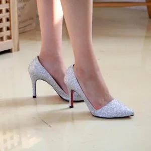 /옷자락 여자 은색 메탈릭 트윙클 킬힐 펌프스