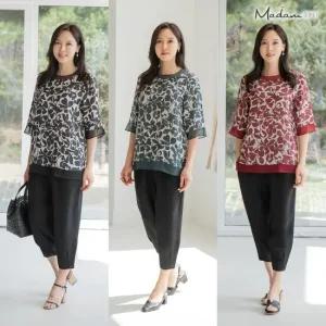 마담4060 플라워 풍기인견 쿨링 반팔블라우스+팬츠 상하세트 -QHSET2405002-