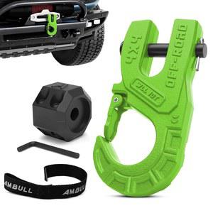 케이블 스토퍼가 있는 AMBUL 3/8인치 견인 윈치 후크, 10T 헤비 듀티 단조 강철 후크 업그레이드, 최대 강도 31967파운드, 합성 로프용 클레비스 클립 세트, UTV, ATV, 오프로드, 그린