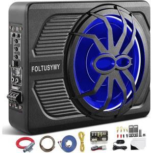 FOLTUSYMY 2025 어드밴스드 10인치 1000W 슬림 언더시트 전동차 서브우퍼, 고/저레벨 입력, 카/트럭 오디오 서브 내장 앰프 콤보 패키지, 블루 LED 조명 포함