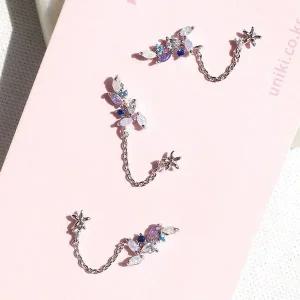 [콩심팥심]푸르던 안개꽃 체인 연결 레이어드 투핀 피어싱