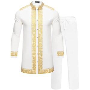 ZSJR 남성 아프리카 2피스 세트 나이지리아 다시키 메탈릭 전통 수트 골드 스탬프 프린트 셔츠 및 바지 의상