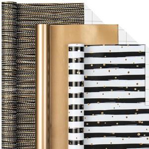 메이플러스 선물 포장지 롤 - 롤당 17인치 x 120인치 남성 생일, 크리스마스, 결혼식, 졸업식, 아버지의 날 및 파티를 위한 고급 블랙 골드 스트라이프 기념