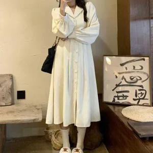 [하프클럽/]단추 셔츠형 롱 원피스 허리끈 A라인 임부복 빅사이즈