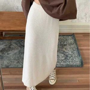 [하프클럽/]세로 골지 니트 밴딩 롱스커트 여성 데일리 치마