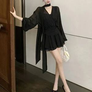 [하프클럽/]블랙 쉬폰 원피스 랩st 시스루 캉캉 플레어 스커트 여유소매핏