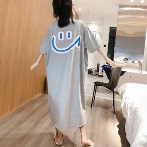 여성 실내 여름 반팔 박시 롱 면 원피스 스마일 코디 WFKN4MR