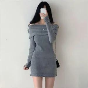 여성 여리여리 오프숄더 끈나시 슬림핏 니트 미니원피스 2색 WFKN9IV