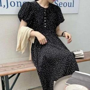 여성 봄 데이트룩 도트 땡?이 퍼프 반팔 롱 원피스 WFKZ8QU