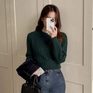 [코코블랑] 믹스 꽈배기 세미크롭 긴팔니트