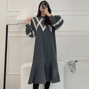 레이스 배색 포인트 기모 롱 원피스 여성 밑단 프릴 맨투맨 치마 임산부 하객룩 결혼식룩 돌잔치룩